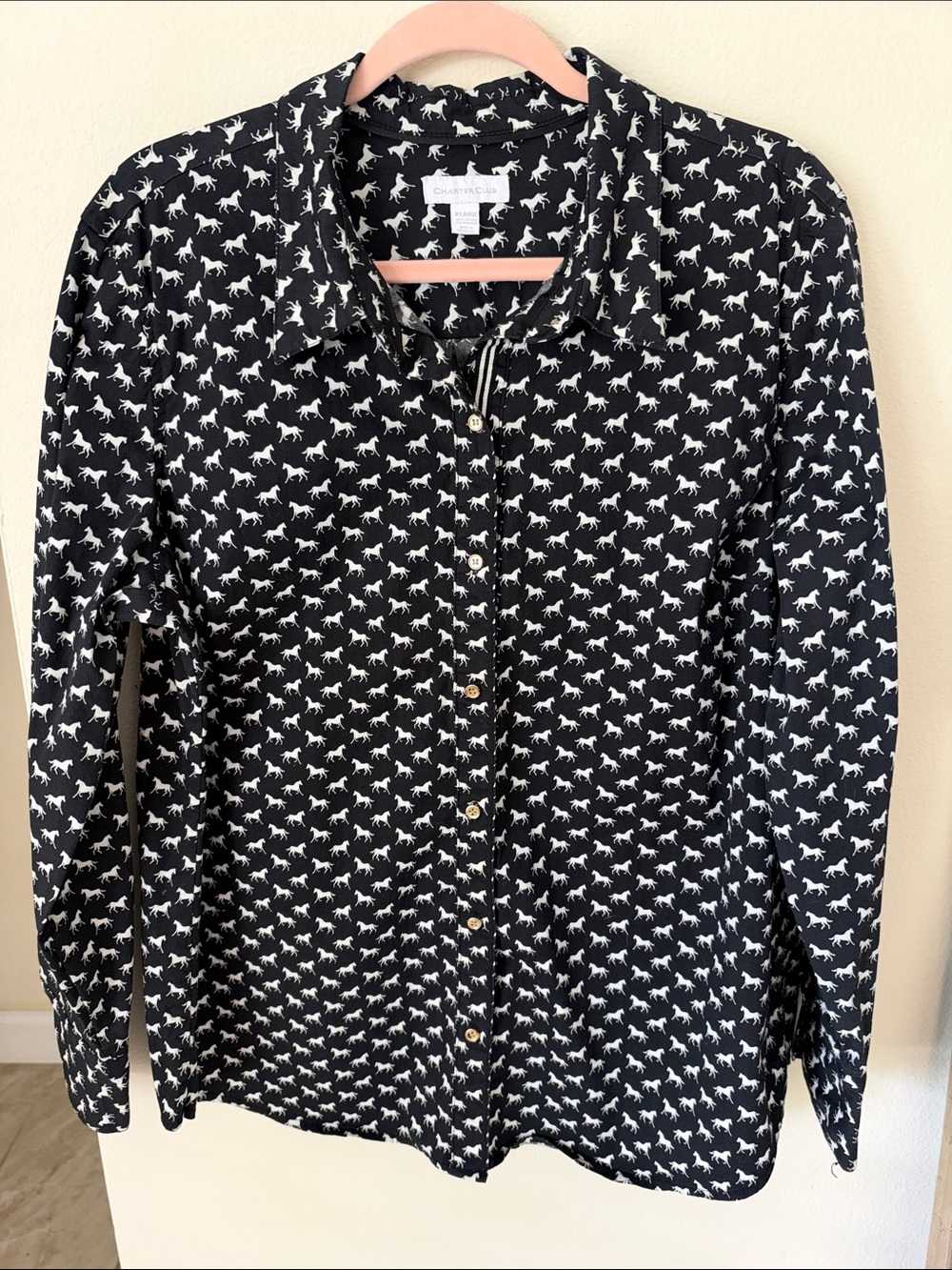 Charter club, black-white novelty horse print cotton button down shirt XL